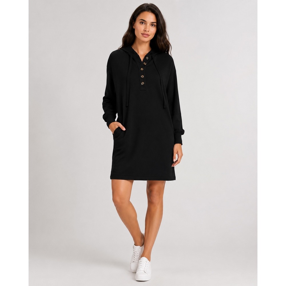 Lou & Grey Hoodie Dress Womens XS Black Henley Signaturesoft Pockets Loungewear
